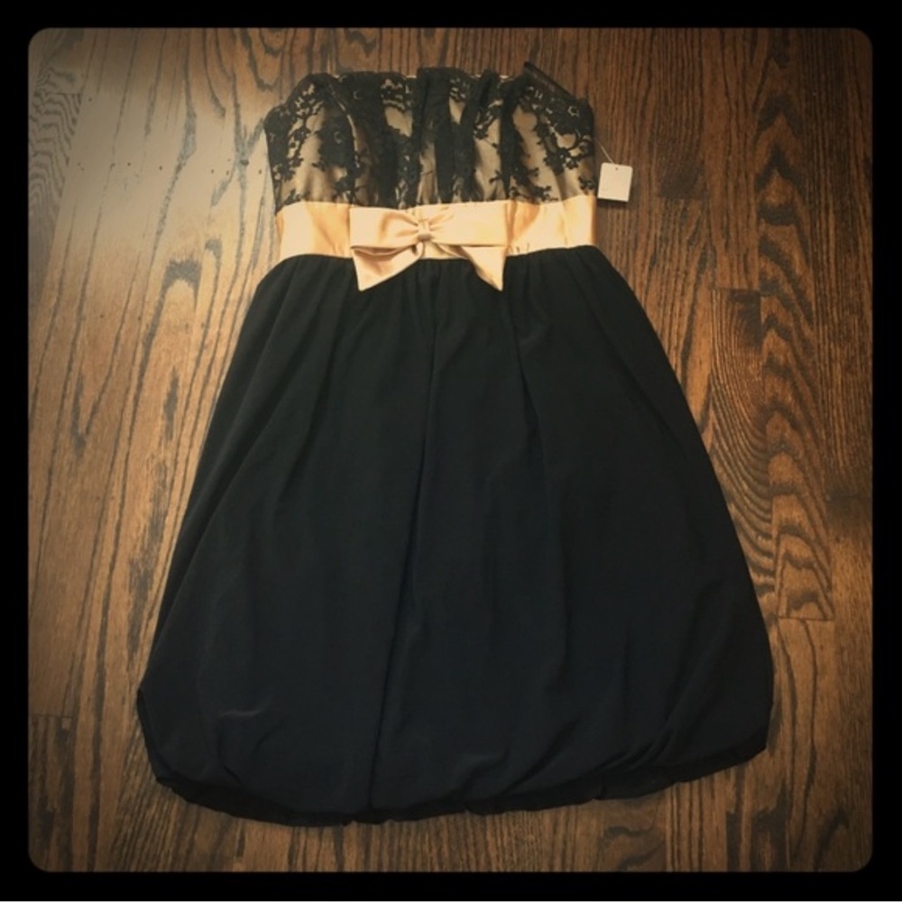 Jessica McClintock Black and Gold Strapless Cocktail dress